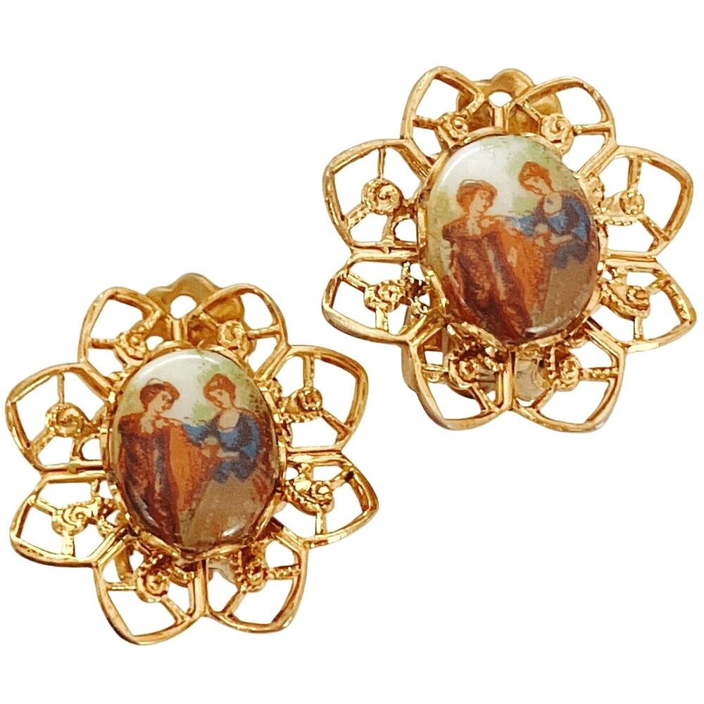 VTG Mid Century Gold Tone Filigree Clip On Earrings Transfer Art Print Glass 60s